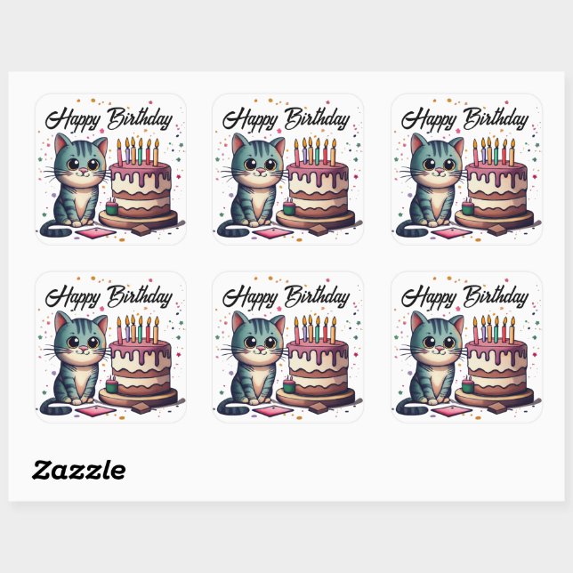Cute Cat Happy Birthday Square Sticker (Sheet)