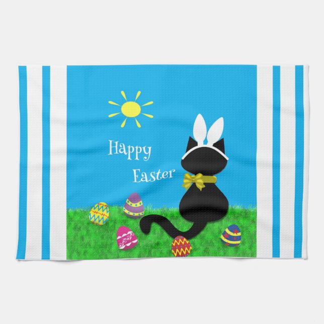 Cute Cat Happy Easter Stripes Kitchen Towel (Horizontal)
