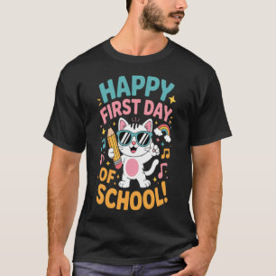 Cute Cat Happy First Day Of School Back To School T-Shirt