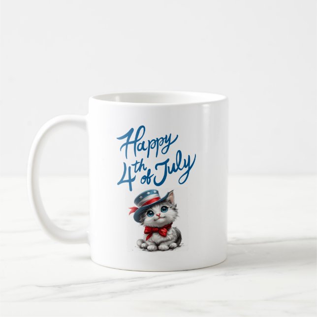 Cute Cat Happy Fourth of July 4th Coffee Mug (Left)