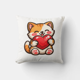 Cute Cat Heart – Kawaii Cat Hugging Red Heart, Cut Cushion