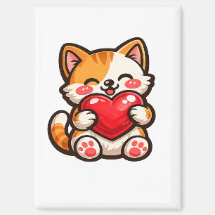 Cute Cat Heart – Kawaii Cat Hugging Red Heart, Cut Magnet