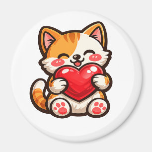 Cute Cat Heart – Kawaii Cat Hugging Red Heart, Cut Magnet