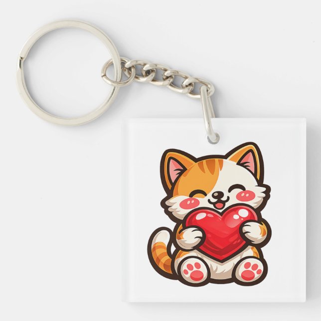 Cute Cat Heart Keychain – Kawaii Cat Hugging  (Front)