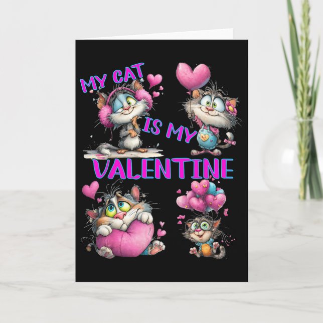 Cute Cat Heart Lloon Valentine's Day  Card (Front)