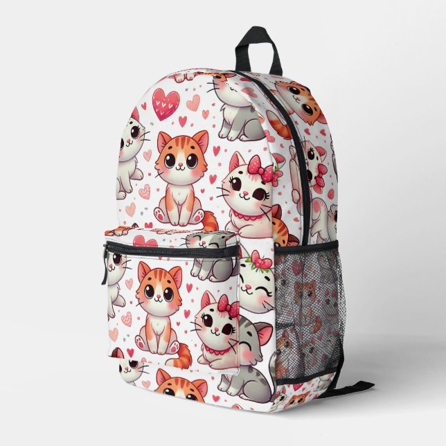 Cute Cat & Hearts Pattern Backpack – Pink & Red  (Back Corner Right)