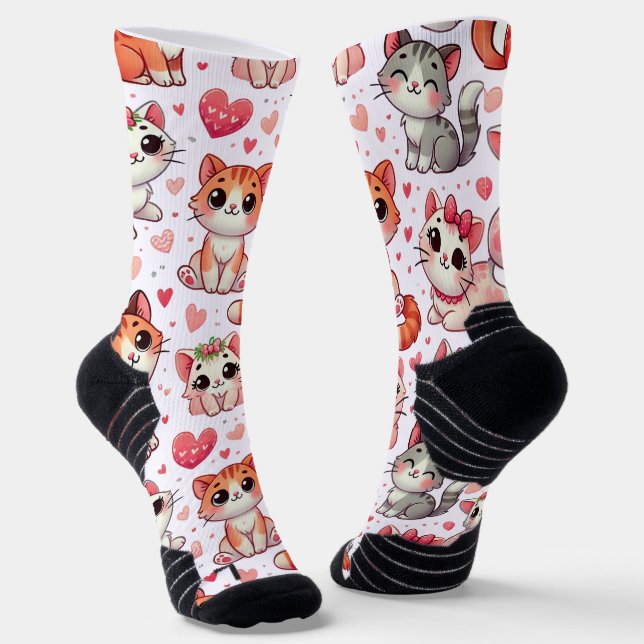 Cute Cat & Hearts Pattern Socks – Pink & Red (Angled)