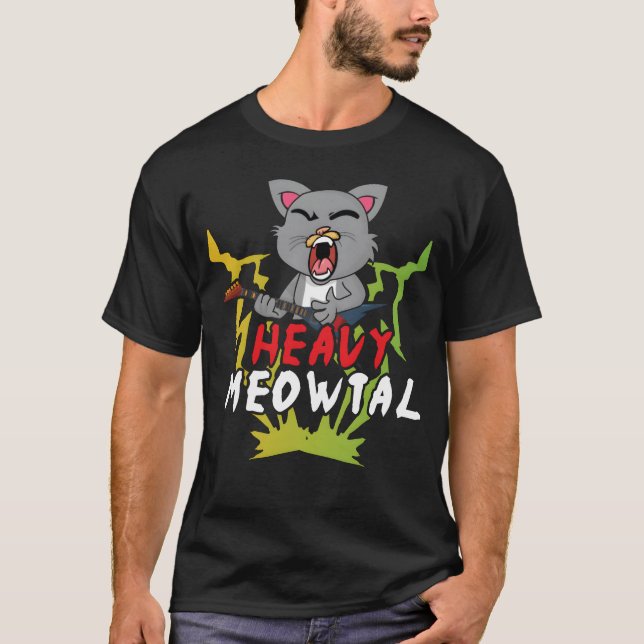 Cute Cat Heavy Meow Metal Music Lover Guitar funny T-Shirt (Front)