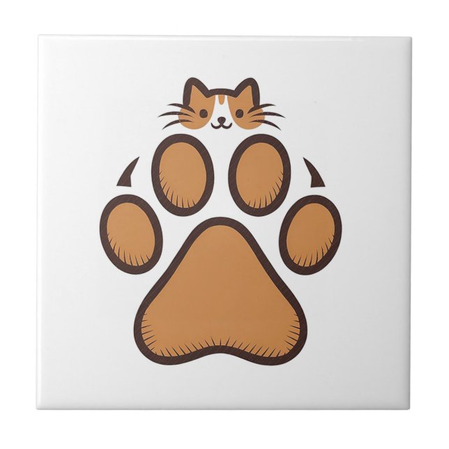 Cute Cat Hiding in Paw Print - Illustration  Ceramic Tile (Front)