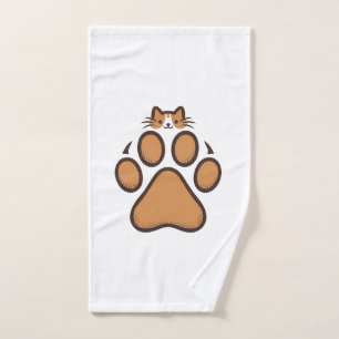 Cute Cat Hiding in Paw Print - Illustration Hand Towel