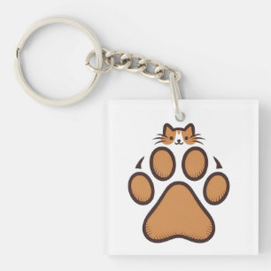 Cute Cat Hiding in Paw Print - Illustration  Key Ring