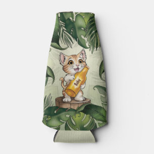 Cute Cat Holding Beer Jungle Leaves Cartoon Bottle Cooler