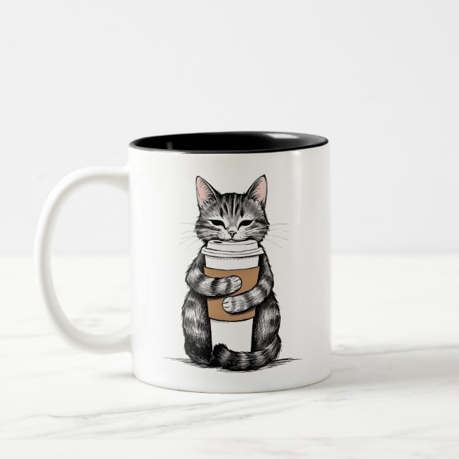 Cute Cat Holding Coffee Cup (Left)