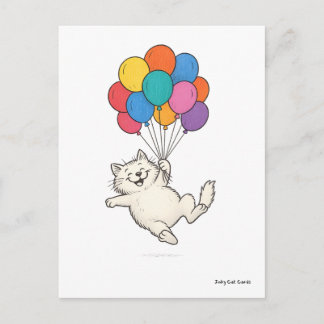 Cute Cat Holding Colourful Balloons Postcard