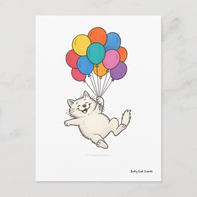 Cute Cat Holding Colourful Balloons Postcard (Front)