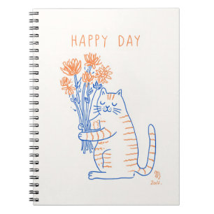 Cute Cat Holding Flowers Happy Day Spiral Notebook