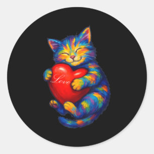 Cute Cat Holding Heart Valentine Cat Kitten Lover Classic Round Sticker