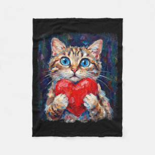 Cute Cat Holding Heart Valentine Kitten Lovers Fleece Blanket