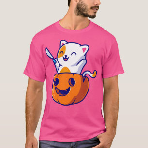 Cute Cat Holding Knife In Pumpkin Helloween Cartoo T-Shirt