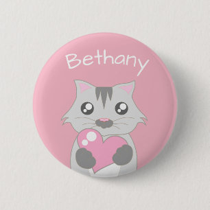 Cute Cat Holding Pink Heart Personalised Kids 6 Cm Round Badge