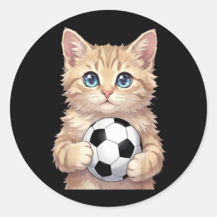 Cute Cat Holding Soccer Ball Adorable Kawaii Classic Round Sticker