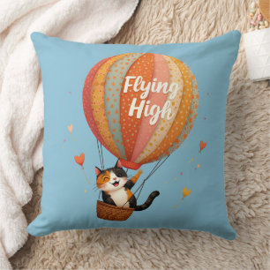 Cute Cat Hot Air Balloon Whimsical Art Cushion