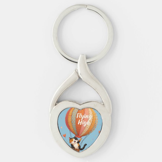 Cute Cat Hot Air Balloon Whimsical Art Key Ring (Front)
