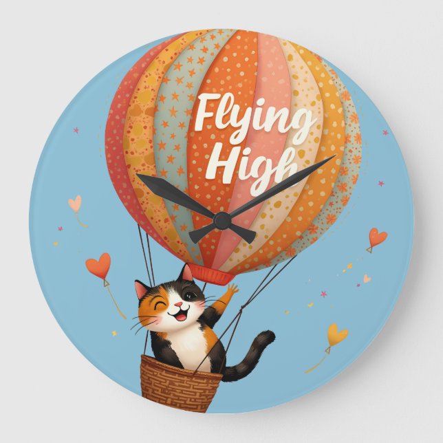 Cute Cat Hot Air Balloon Whimsical Art Large Clock (Front)
