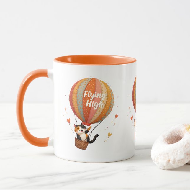 Cute Cat Hot Air Balloon Whimsical Art Mug (With Donut)