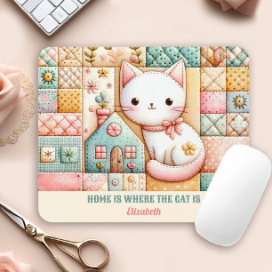 Cute Cat House Quilt Patchwork Pastel Custom Name Mouse Pad
