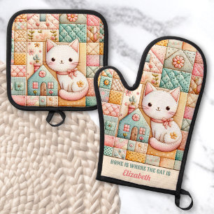 Cute Cat House Quilt Patchwork Pastel Custom Name Oven Mitt & Pot Holder Set