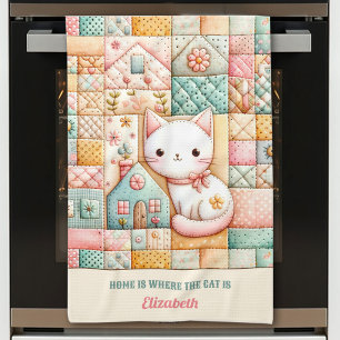 Cute Cat House Quilt Patchwork Pastel Custom Name Tea Towel