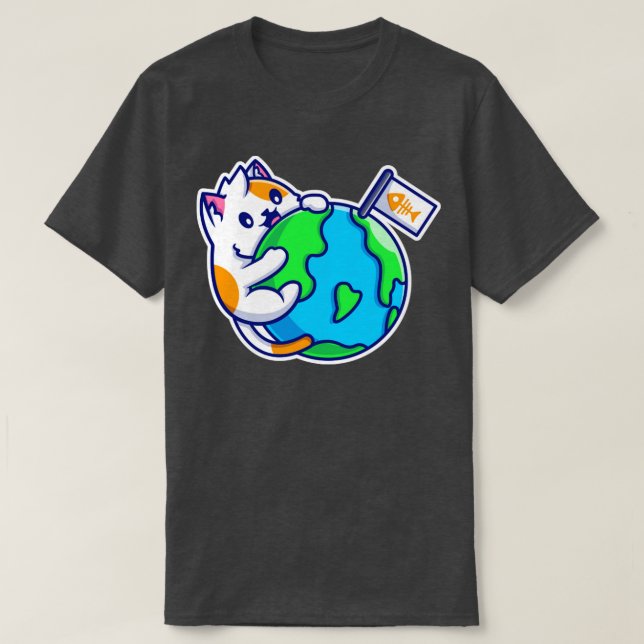 Cute Cat Hug World T-Shirt (Design Front)