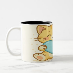 Cute Cat Hugging Blue Heart Two-Tone Coffee Mug