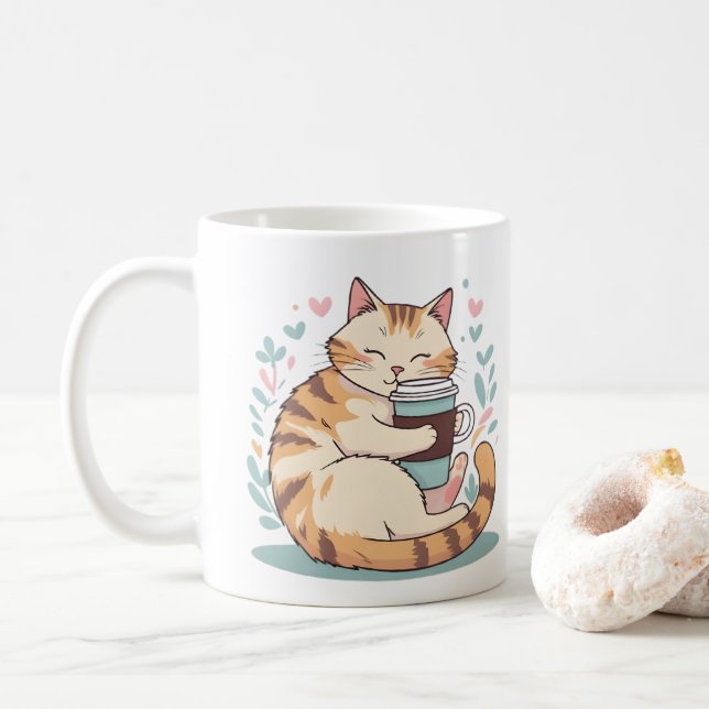Cute Cat Hugging Coffee Cup | Whimsical Mug (With Donut)