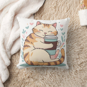 Cute Cat Hugging Coffee Cup Whimsical Throw Pill Cushion