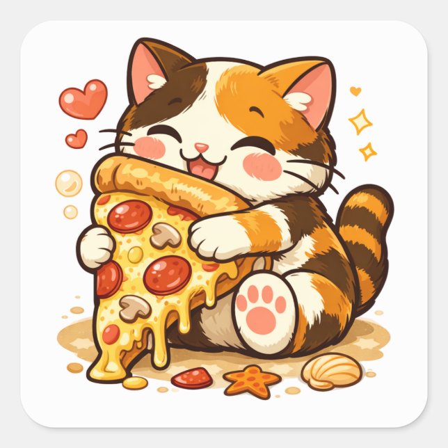 Cute Cat Hugging Pizza | Funny Food Cat Design Square Sticker (Front)
