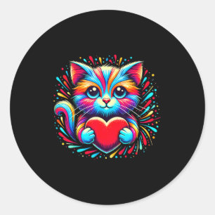 Cute Cat Hugging Valentine Heart Kitty Love Cat Ki Classic Round Sticker