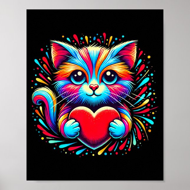 Cute Cat Hugging Valentine Heart Kitty Love Cat Ki Poster (Front)