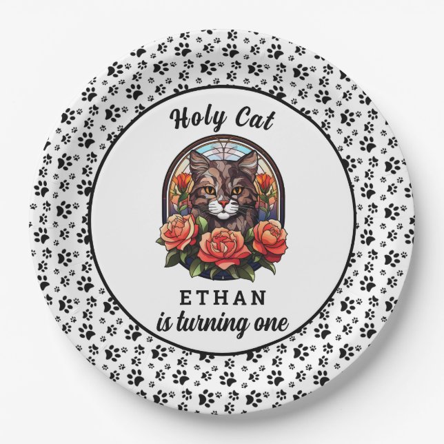 cute Cat I’m One! Cute Cat Girl 1st Birthday Paper Plate (Front)