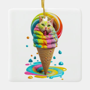 Cute Cat Ice Cream Cone colourful Ceramic Ornament