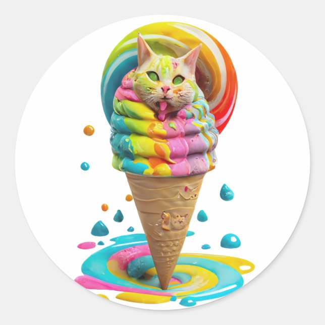Cute Cat Ice Cream Cone colourful Classic Round Sticker (Front)