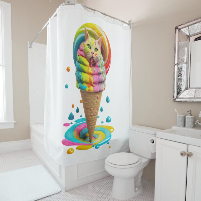 Cute Cat Ice Cream Cone colourful Shower Curtain (In Situ)