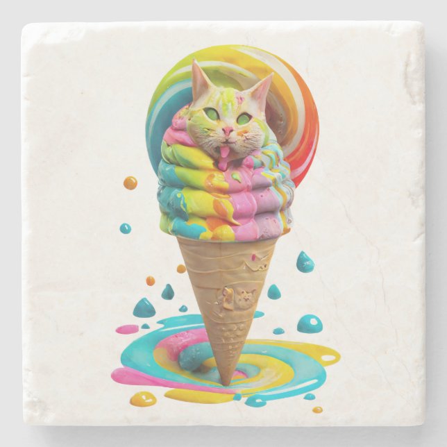 Cute Cat Ice Cream Cone colourful Stone Coaster (Front)
