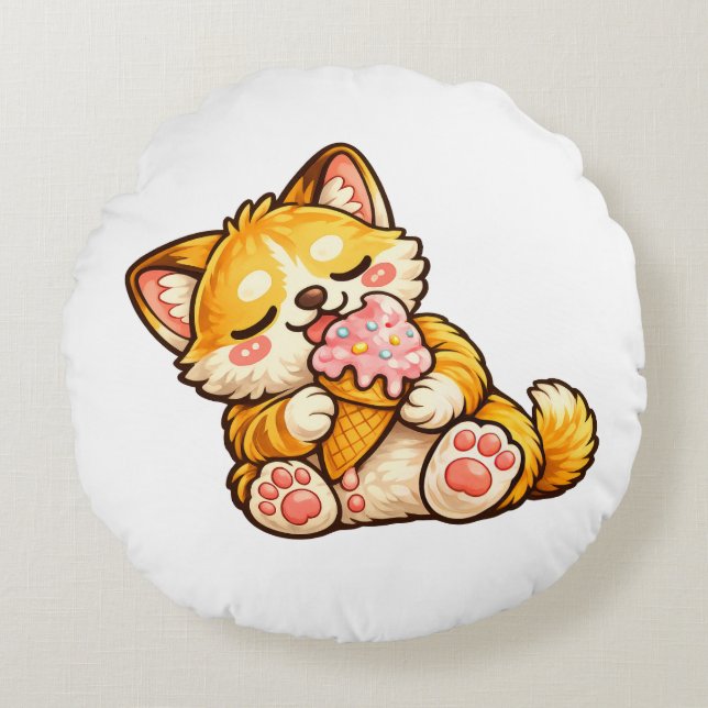 Cute Cat Ice Cream Round Cushion (Front)