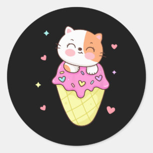 Cute Cat Ice Cream Shirt Anime Kawaii Kids Teen Gi Classic Round Sticker