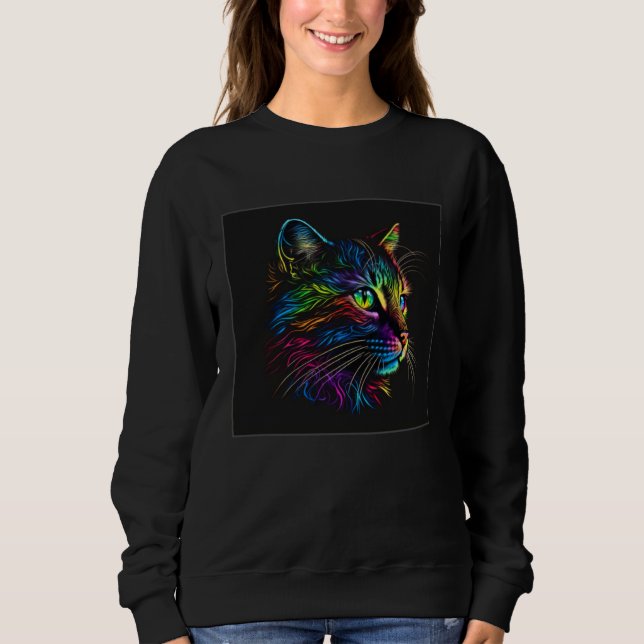 Cute Cat Illustration Adorable Minimal Black Women Sweatshirt (Front)