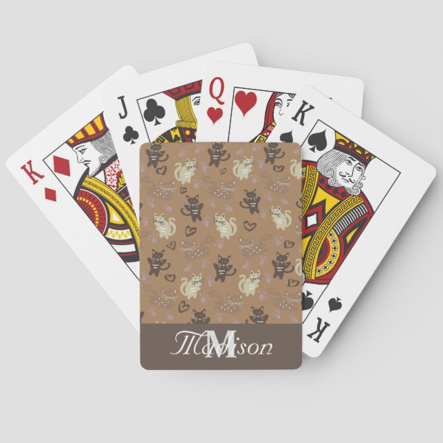 Cute Cat Illustration Doodles Monogram Name Playing Cards (Back)