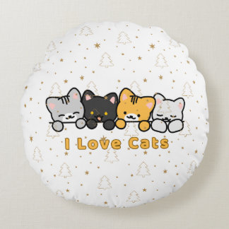 Cute Cat Illustration I Love Cats Kawaii Cartoon D Round Cushion