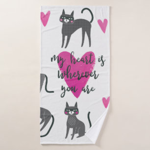 Cute cat illustration. Love lettering Bath Towel
